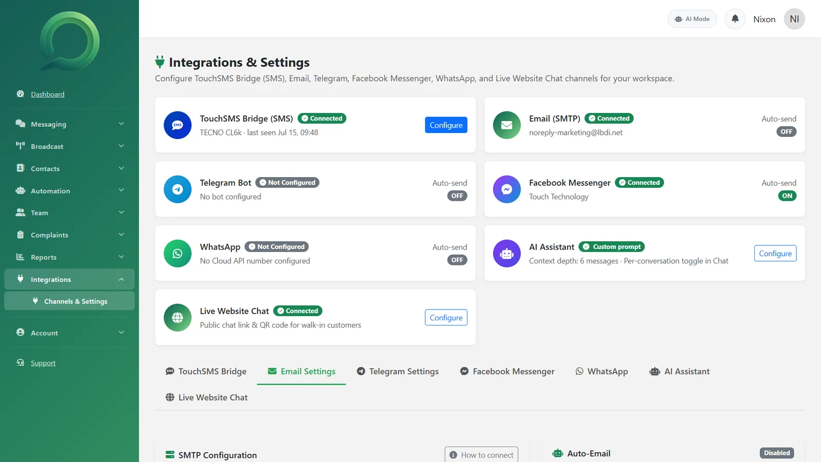 Integrations and Settings page showing SMS Bridge, Email, Telegram, Messenger, WhatsApp, AI Assistant and Live QR-Code Chat connection cards