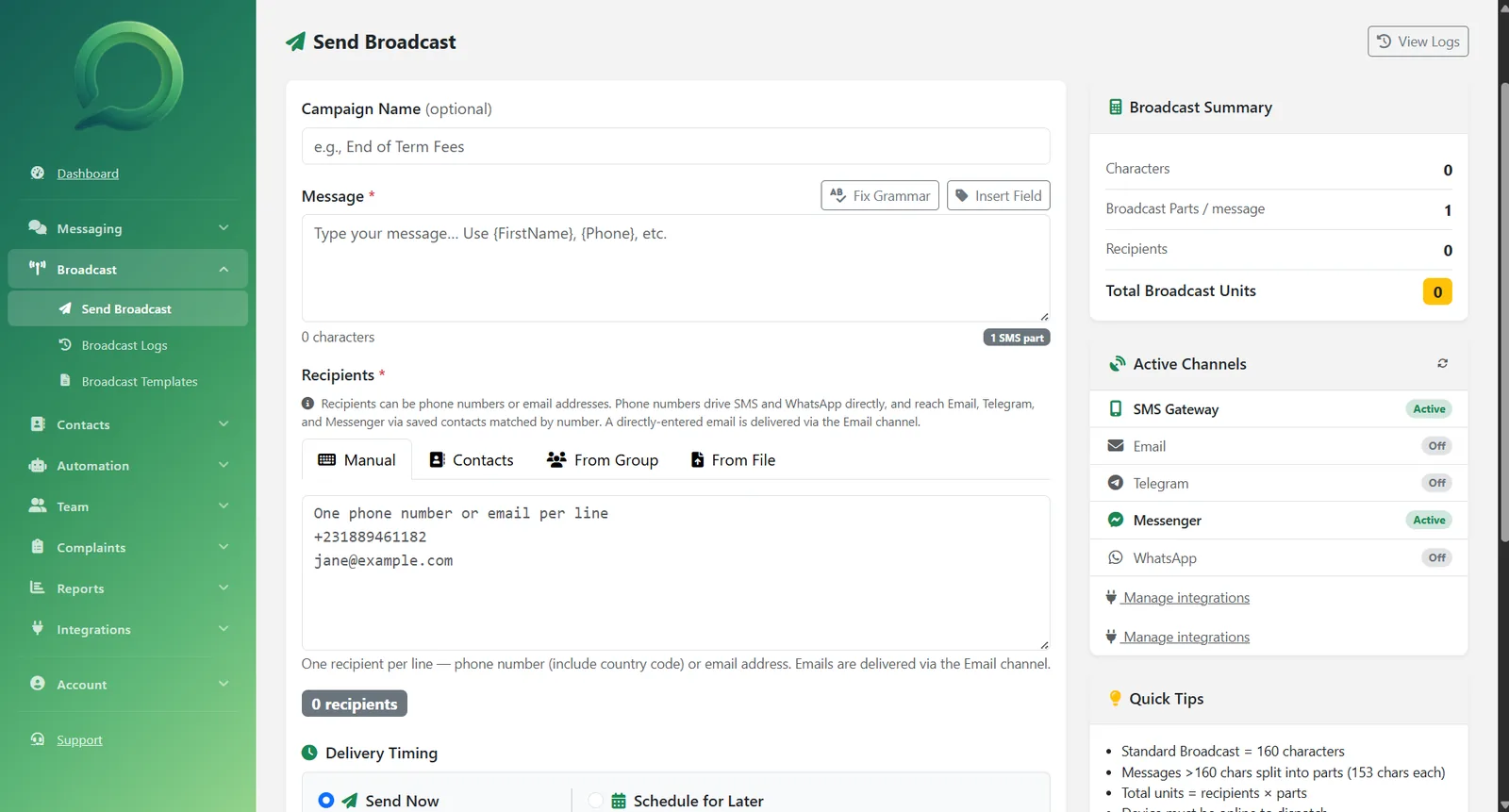 Send Broadcast composer with personalisation tokens, recipient sources, active channels and live broadcast summary