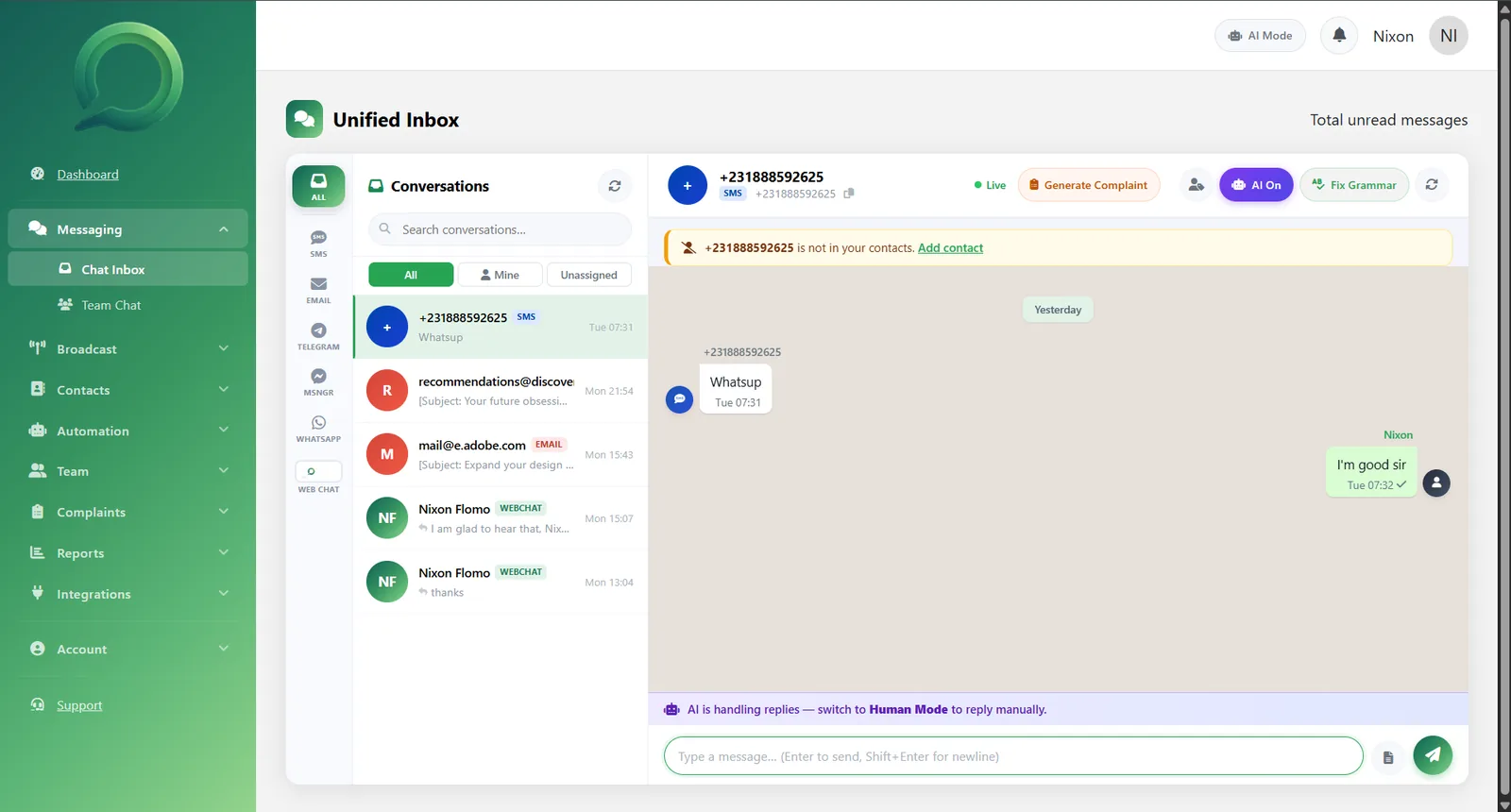 Unified inbox with SMS, Email, WhatsApp and Web Chat conversations, AI On and Fix Grammar controls