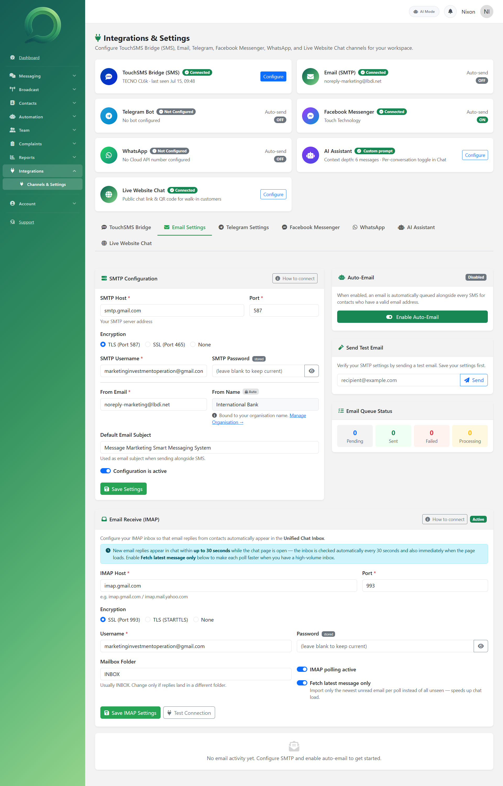 Integrations and Settings page showing SMS Bridge, Email, Telegram, Messenger, WhatsApp, AI Assistant and Live Web/QRCode Chat connection cards